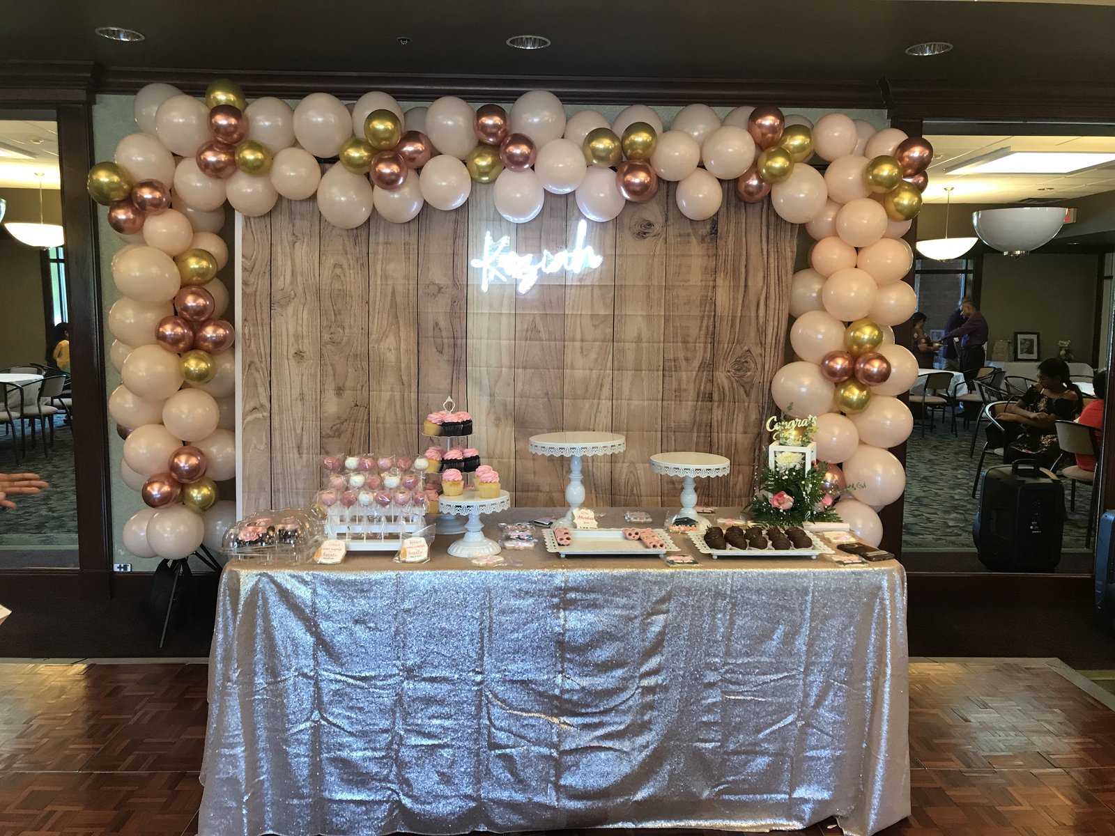 Soft rose gold dessert table with sequin linen
